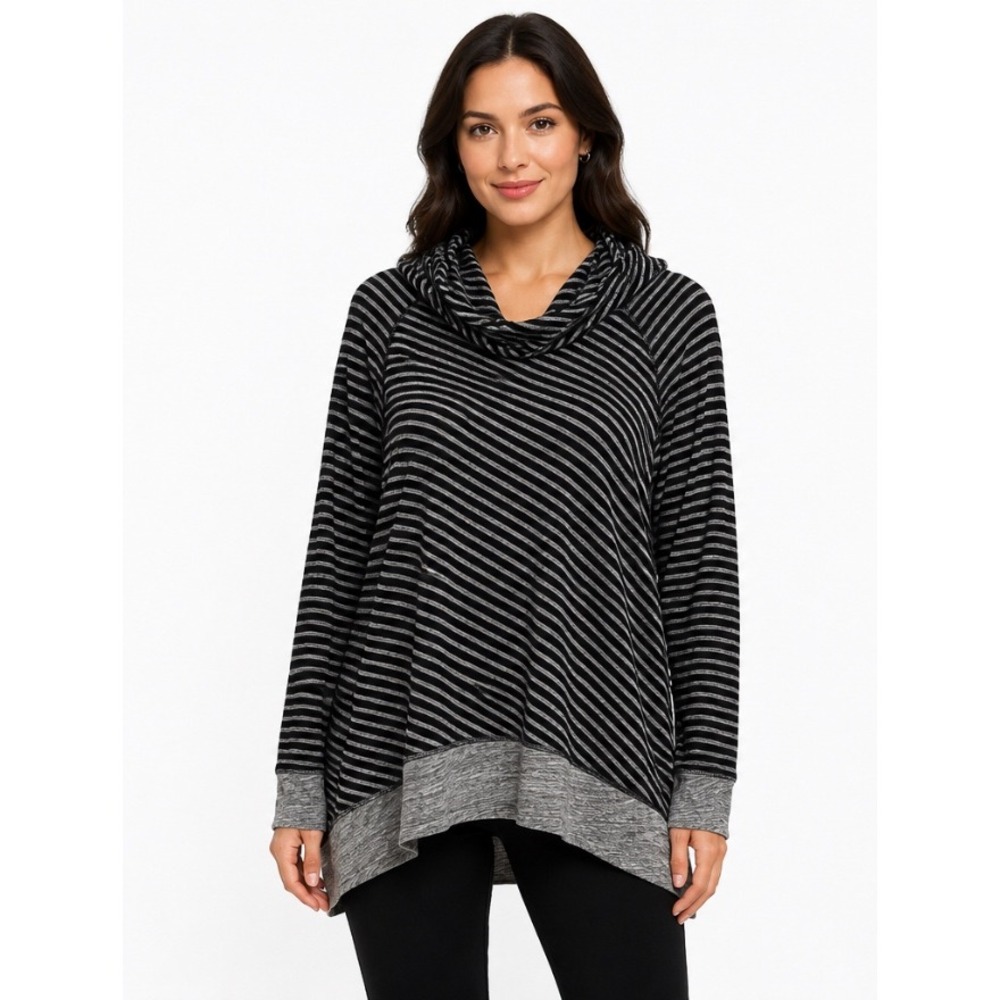 Lou & Grey Striped Cowl Neck Tunic Top Black Gray Cotton Long Sleeve XL